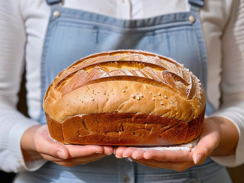  A minimalistic yet powerful image of a pair of hands delicately holding a freshly baked loaf of bread, sprinkled with a light dusting of flour. The hands show signs of hard work, with small scars and calluses, symbolizing resilience and perseverance. The background is a soft blur, focusing all attention on the simplicity and beauty of the bread, embodying the idea of finding comfort and strength in the act of baking during challenging times. hyperrealistic, full body, detailed clothing, highly detailed, cinematic lighting, stunningly beautiful, intricate, sharp focus, f/1. 8, 85mm, (centered image composition), (professionally color graded), ((bright soft diffused light)), volumetric fog, trending on instagram, trending on tumblr, HDR 4K, 8K