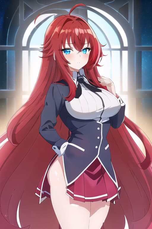  ,tiny clothes,masterpiece, best quality, 1women, long red hair, looking at viewer, :3, cute, black uniform, outdoors, streets, cowboy shot, curvy, (((blue eyes))), rias gremory, red hair, antenna hair, wavy hair, ((beautiful detailed eyes, beautiful detailed glow, lots of glow)), anime screencap