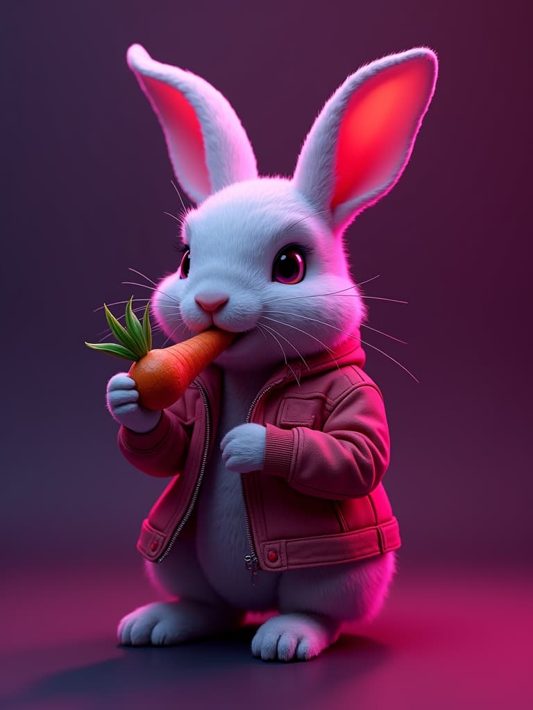  neonpunk style cute rabbit wearing a jacket, eating a carrot, 3d style, rendering, cyberpunk, vaporwave, neon, vibes, vibrant, stunningly beautiful, crisp, detailed, sleek, ultramodern, magenta highlights, dark purple shadows, high contrast, cinematic, ultra detailed, intricate, professional