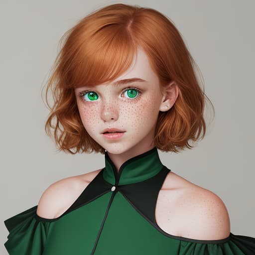  Portrait, young girl, ginger colored bob hair, green eyes, small Lips, oval face, freckles,Fair skin. She is wearing a green dress with shoulder pads