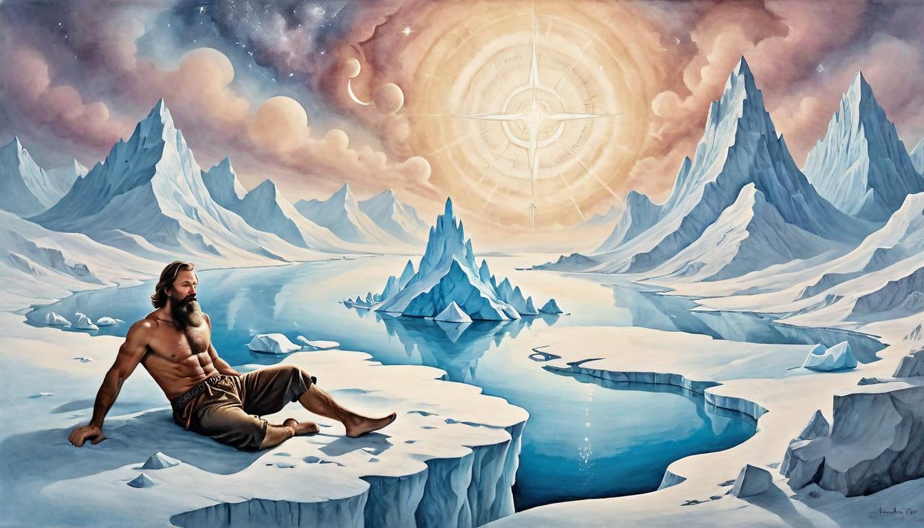  on parchment, surrealism+++, Wim Hof, eyes closed, surrounded by bright light, body emanating energy, Arctic landscape, empowered, mystical(mysterious, provocative, symbolic,muted color)+++