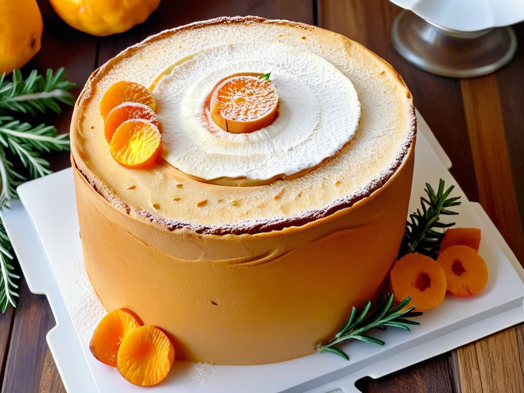  A closeup, ultradetailed image of a freshly baked sweet potato cake, showcasing the moist crumb texture speckled with orange sweet potato bits, topped with a light dusting of powdered sugar, and garnished with a sprig of fresh rosemary, all placed on a sleek, white porcelain cake stand against a softfocus background of a rustic wooden table. hyperrealistic, full body, detailed clothing, highly detailed, cinematic lighting, stunningly beautiful, intricate, sharp focus, f/1. 8, 85mm, (centered image composition), (professionally color graded), ((bright soft diffused light)), volumetric fog, trending on instagram, trending on tumblr, HDR 4K, 8K