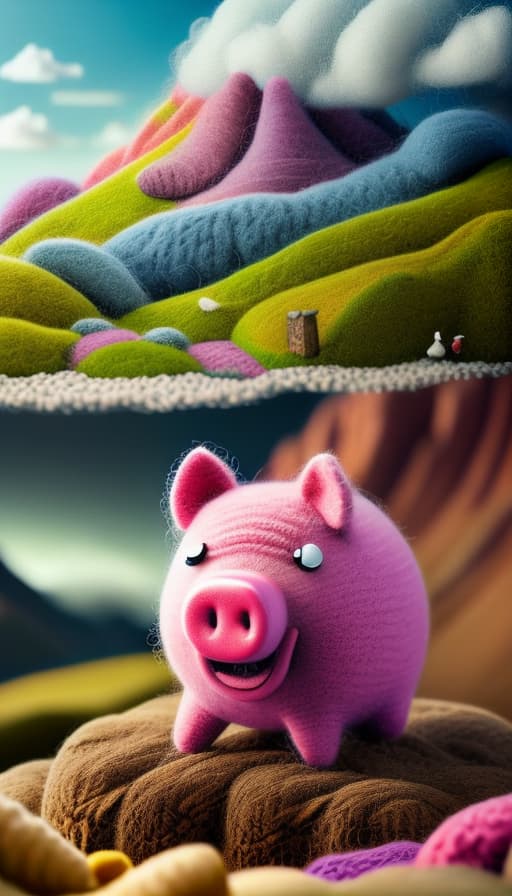 woolitize Create an illustration in an animated cartoon style that depicts the following: A cute and chubby pink pig with a big smile playing in the mud in a farm setting. hyperrealistic, full body, detailed clothing, highly detailed, cinematic lighting, stunningly beautiful, intricate, sharp focus, f/1. 8, 85mm, (centered image composition), (professionally color graded), ((bright soft diffused light)), volumetric fog, trending on instagram, trending on tumblr, HDR 4K, 8K