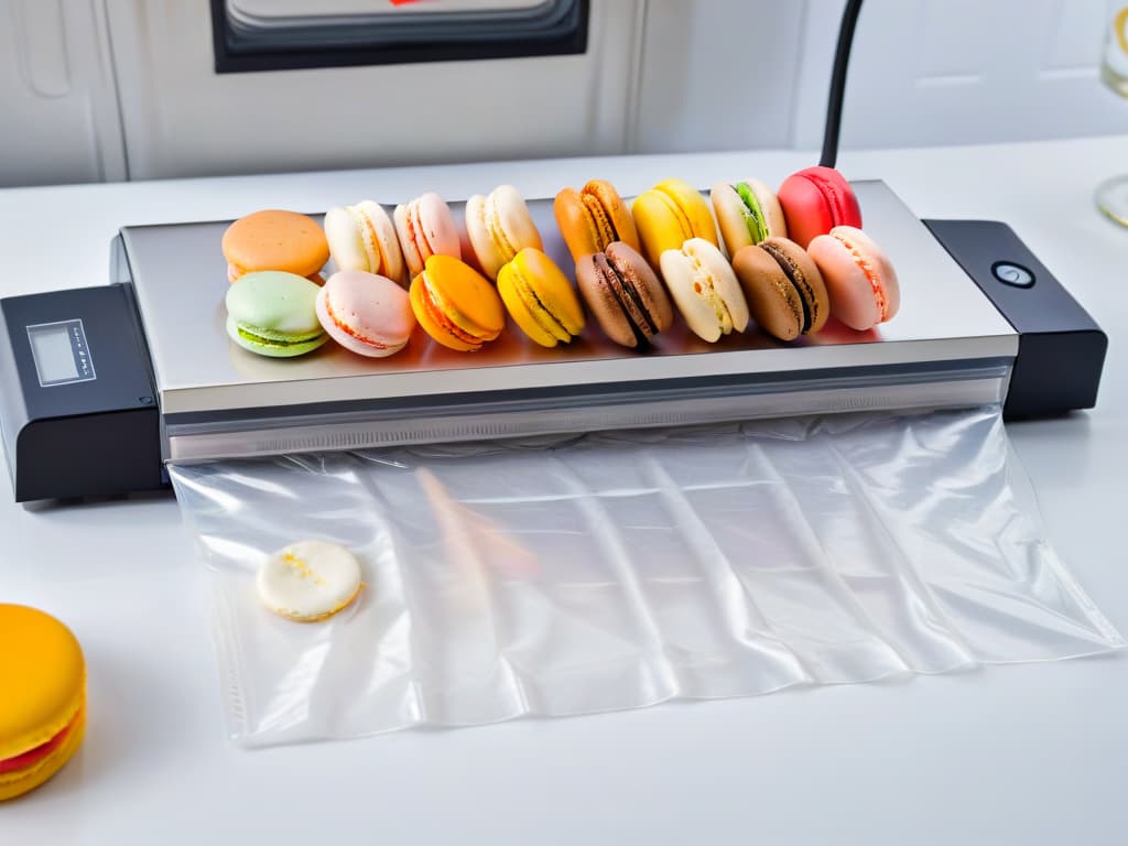  A closeup, ultradetailed image of a sleek, modern vacuum sealer in action, tightly sealing a bag filled with colorful macarons. The machine's stainless steel surface glimmers under bright studio lights, capturing every minute detail of the sealing process. The vibrant hues of the macarons contrast beautifully against the pristine white bag, creating a visually striking and minimalist composition that emphasizes the precision and efficiency of vacuum sealing in pastry making. hyperrealistic, full body, detailed clothing, highly detailed, cinematic lighting, stunningly beautiful, intricate, sharp focus, f/1. 8, 85mm, (centered image composition), (professionally color graded), ((bright soft diffused light)), volumetric fog, trending on instagram, trending on tumblr, HDR 4K, 8K