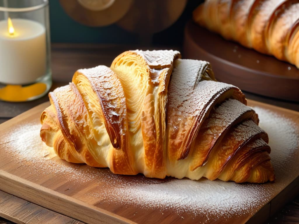  An ultradetailed closeup image of a freshly baked, perfectly golden croissant, with a delicate dusting of powdered sugar on top, resting on a rustic wooden table. The layers of the croissant are beautifully visible, showcasing the flakiness and buttery texture of the pastry. The lighting is soft and natural, casting a gentle shadow beneath the croissant, creating a serene and appetizing scene that evokes a sense of warmth and comfort. hyperrealistic, full body, detailed clothing, highly detailed, cinematic lighting, stunningly beautiful, intricate, sharp focus, f/1. 8, 85mm, (centered image composition), (professionally color graded), ((bright soft diffused light)), volumetric fog, trending on instagram, trending on tumblr, HDR 4K, 8K