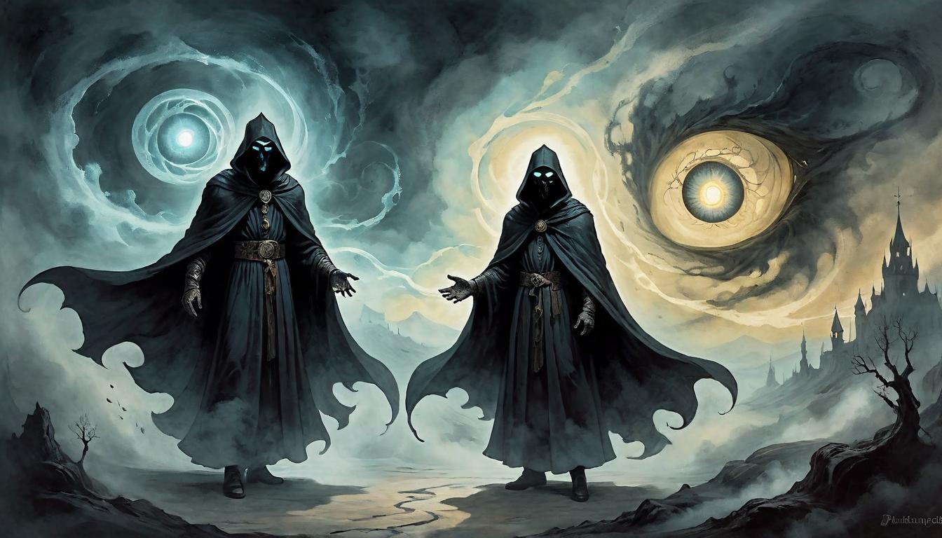  on parchment, surrealism+++, Two humanoid forms in dark cloaks, eyes glowing with varied emotions, one radiating light and the other shadow, swirling mist and nebulous background, intense, turbulent(mysterious, provocative, symbolic,muted color)+++