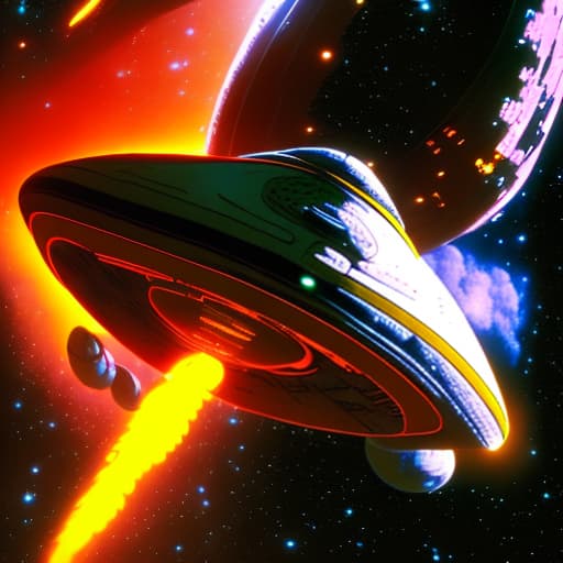 estilovintedois Star Trek type of spaceship orbiting a firey planet in space, USS Enterprise, Star Trek