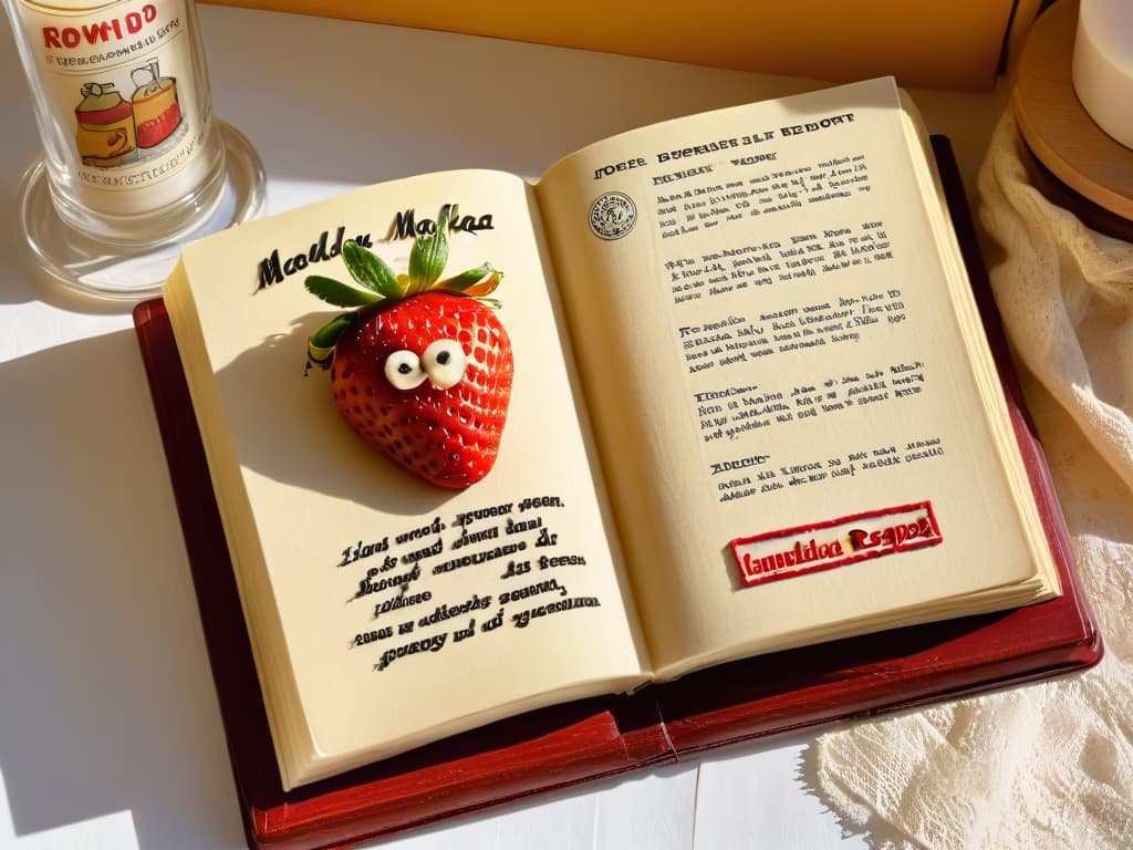  A minimalistic image of a quaint kitchen counter with a handwritten recipe for "Pastel de Mafalda" lying open on a vintage recipe book. The page is adorned with charming illustrations of ingredients like fresh strawberries, creamy frosting, and a whimsical cartoon character resembling Mafalda. Soft natural light filters through a nearby window, casting a gentle glow on the scene and creating a warm, inviting ambiance. hyperrealistic, full body, detailed clothing, highly detailed, cinematic lighting, stunningly beautiful, intricate, sharp focus, f/1. 8, 85mm, (centered image composition), (professionally color graded), ((bright soft diffused light)), volumetric fog, trending on instagram, trending on tumblr, HDR 4K, 8K