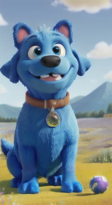  {A happy, big blue dog wagging its tail in a colorful meadow, The big blue dog is large with sky blue fur, big round eyes, a black nose, and floppy ears.