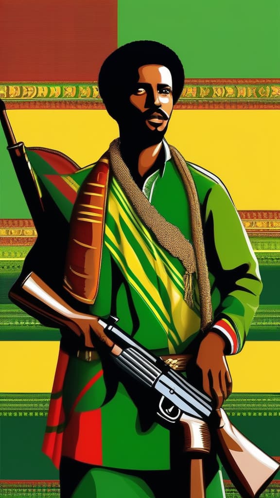  Ethiopian young drad haiir man holding Ak 47 on back and ready to fight aggrasively infront. his cloth coler is green, yelow, red ethiopian flag (with out star) and place is ethiopian topography., ((masterpiece)), best quality, very detailed, high resolution, sharp, sharp image, extremely detailed, 4k, 8k