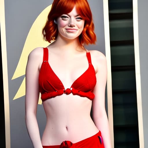  Emma Stone,, 30 year,, with no clothes on, squatting ,, with big bosom,, and short red hair