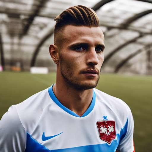 portrait+ style Russian queer footballer blonde hunk dude face