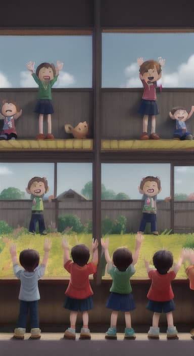  {A heartwarming scene of all the children waving goodbye with happy expressions., Children waving with wide smiles, looking grateful and content.