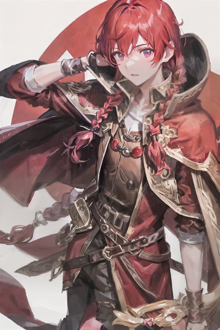  master piece , best quality,Male, red hair, braids, wizard, brown cape, red jewelry