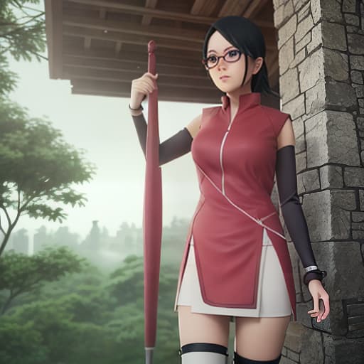  Sarada Uchiwa hyperrealistic, full body, detailed clothing, highly detailed, cinematic lighting, stunningly beautiful, intricate, sharp focus, f/1. 8, 85mm, (centered image composition), (professionally color graded), ((bright soft diffused light)), volumetric fog, trending on instagram, trending on tumblr, HDR 4K, 8K