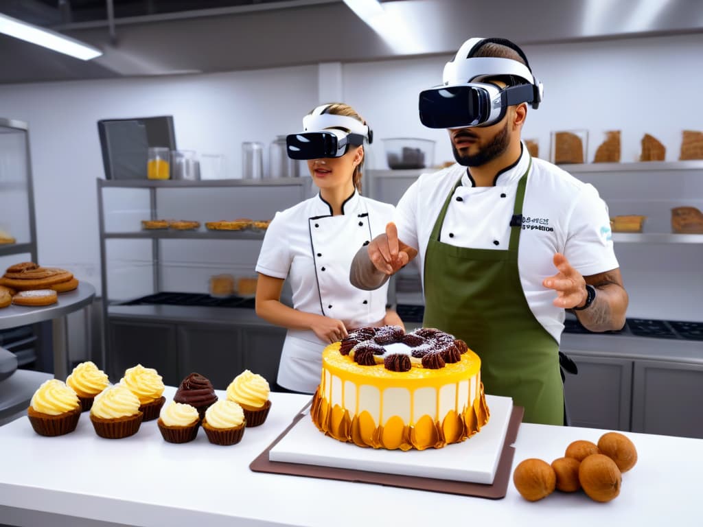  A photorealistic image of a professional pastry chef seamlessly blending a physical baking class with a virtual reality component. The scene depicts the chef instructing a group of students in a modern kitchen setting, with some students wearing VR headsets while others interact with physical baking tools. The room is filled with the aroma of freshly baked goods, and intricate pastries and cakes adorn the countertops, showcasing the fusion of traditional and virtual learning in the world of pastry making. hyperrealistic, full body, detailed clothing, highly detailed, cinematic lighting, stunningly beautiful, intricate, sharp focus, f/1. 8, 85mm, (centered image composition), (professionally color graded), ((bright soft diffused light)), volumetric fog, trending on instagram, trending on tumblr, HDR 4K, 8K