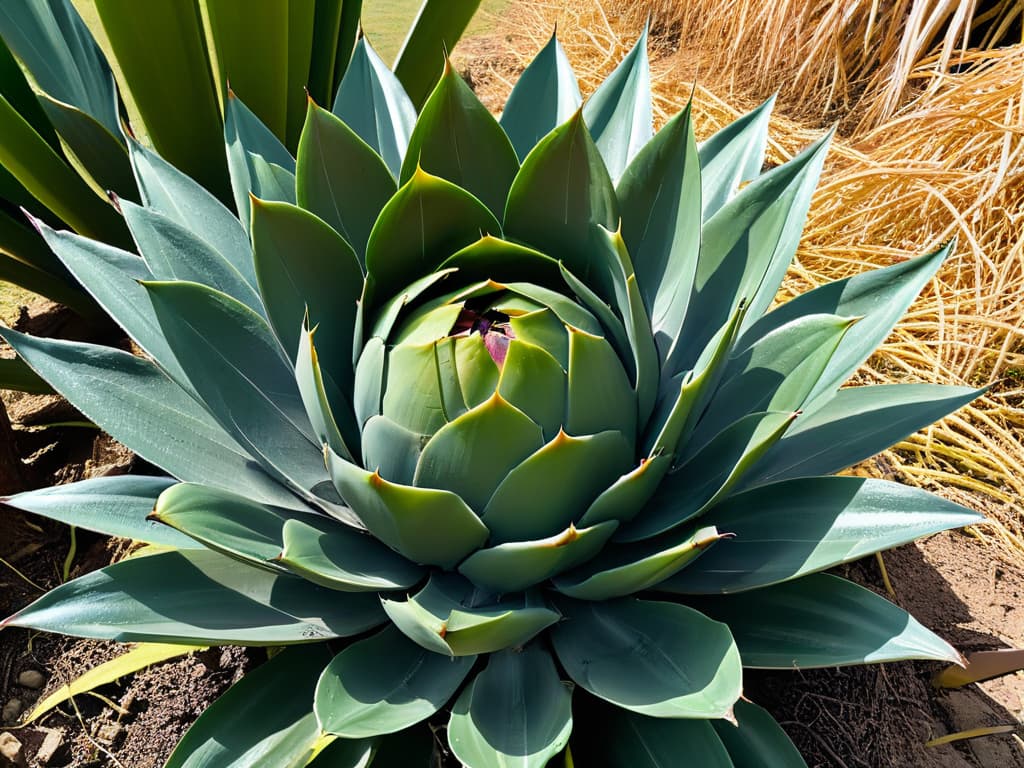  A closeup, ultradetailed image of a perfectly ripe agave plant, with its long, vibrant green leaves gracefully unfolding and capturing the sunlight. The intricate details of the spiky edges and the rich texture of the leaves are so clear that every vein and fiber is visible, creating a stunning contrast against the blurred background of a sunlit field. The image conveys the natural beauty and sweetness of agave, making it an ideal choice for a post about selecting the best natural sweetener for desserts. hyperrealistic, full body, detailed clothing, highly detailed, cinematic lighting, stunningly beautiful, intricate, sharp focus, f/1. 8, 85mm, (centered image composition), (professionally color graded), ((bright soft diffused light)), volumetric fog, trending on instagram, trending on tumblr, HDR 4K, 8K