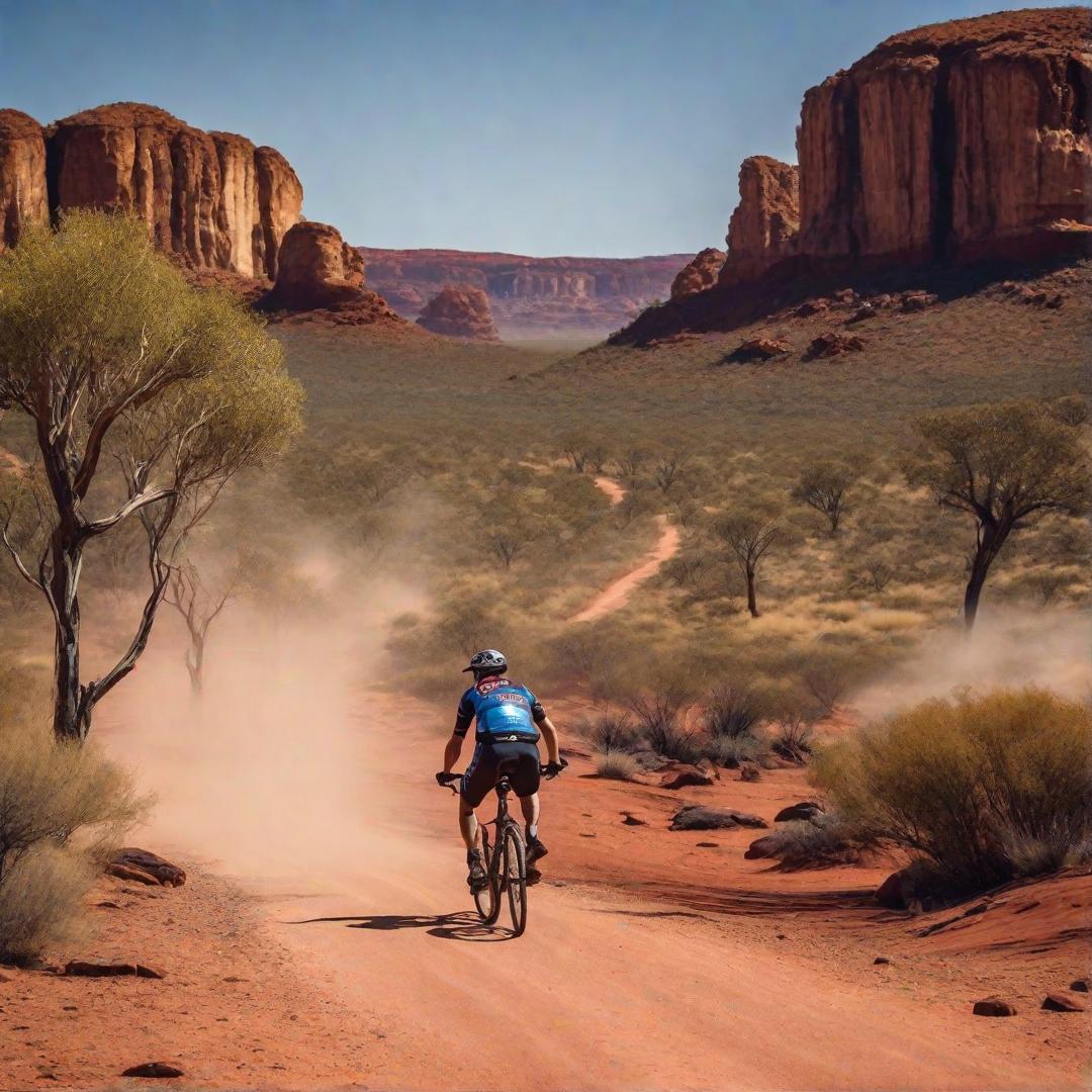  A dusty gravel road winds through the rugged Australian outback, with red desert landscapes on either side and a clear blue sky overhead. Sparse vegetation dots the horizon under the intense sunlight. real, 8k, 35mm, bike, stock photo hyperrealistic, full body, detailed clothing, highly detailed, cinematic lighting, stunningly beautiful, intricate, sharp focus, f/1. 8, 85mm, (centered image composition), (professionally color graded), ((bright soft diffused light)), volumetric fog, trending on instagram, trending on tumblr, HDR 4K, 8K