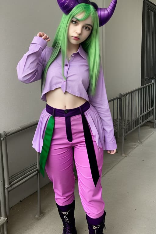  A girl with green hair and purple horns and a pink shirt and a dark green pants