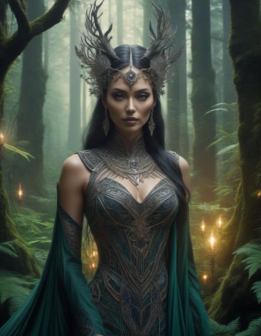  A stunning digital painting of a mysterious forest woman with intricate details, geometric patterns, and surreal elements. The artwork is highly detailed, photorealistic, and beautifully balanced, showcasing a masterful blend of fantasy and realism. hyperrealistic, full body, detailed clothing, highly detailed, cinematic lighting, stunningly beautiful, intricate, sharp focus, f/1. 8, 85mm, (centered image composition), (professionally color graded), ((bright soft diffused light)), volumetric fog, trending on instagram, trending on tumblr, HDR 4K, 8K