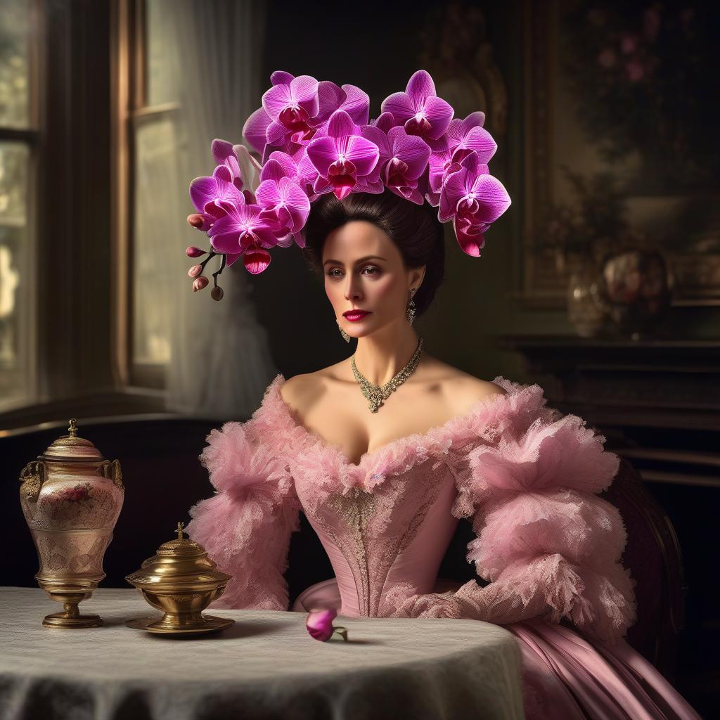  Victorian beauty in despair A beautiful dress with an orchid bouquet in the 1870s The bouquet of orchids on the table is pink. Dress made of pink orchids. hyperrealistic, full body, detailed clothing, highly detailed, cinematic lighting, stunningly beautiful, intricate, sharp focus, f/1. 8, 85mm, (centered image composition), (professionally color graded), ((bright soft diffused light)), volumetric fog, trending on instagram, trending on tumblr, HDR 4K, 8K