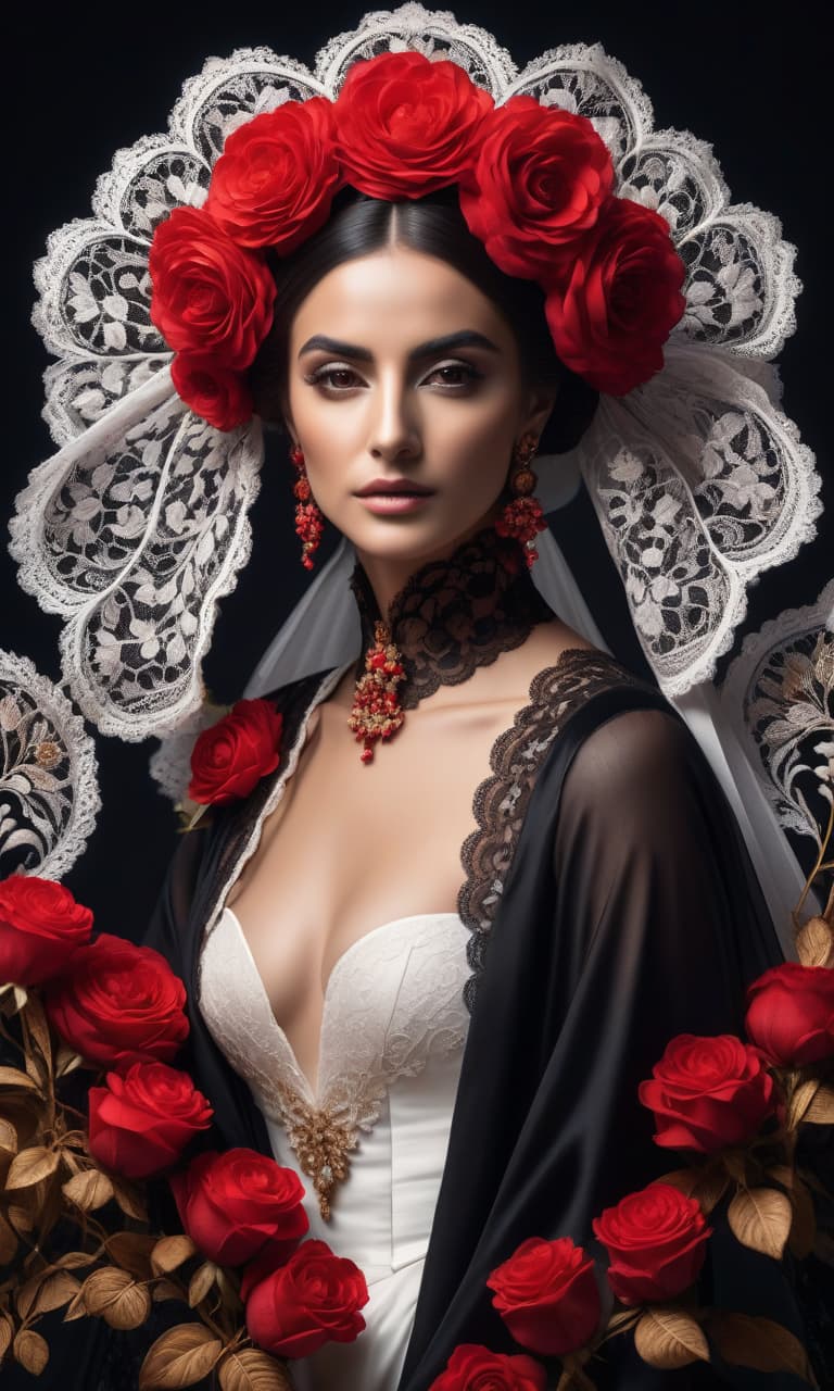  (Linear graphics: 1.8), (Vector graphics: 1.4). (Minimalism: 1,9), flat solution. Color scheme: white, red and (black: 1,8) on black background. Portrait of a young Spanish woman. Up to the waist. Fan, Lace mantilla, rose. Ethnic Spanish coloring. Baroque lines of hairstyle and clothing. Background: black, (surrealist abstract) solution of rocaille and floral elements on (black: 1.9) paper. Mesmerizing intricacy. In the manner of Francisco Goya's portraits of women. hyperrealistic, full body, detailed clothing, highly detailed, cinematic lighting, stunningly beautiful, intricate, sharp focus, f/1. 8, 85mm, (centered image composition), (professionally color graded), ((bright soft diffused light)), volumetric fog, trending on instagram, trending on tumblr, HDR 4K, 8K