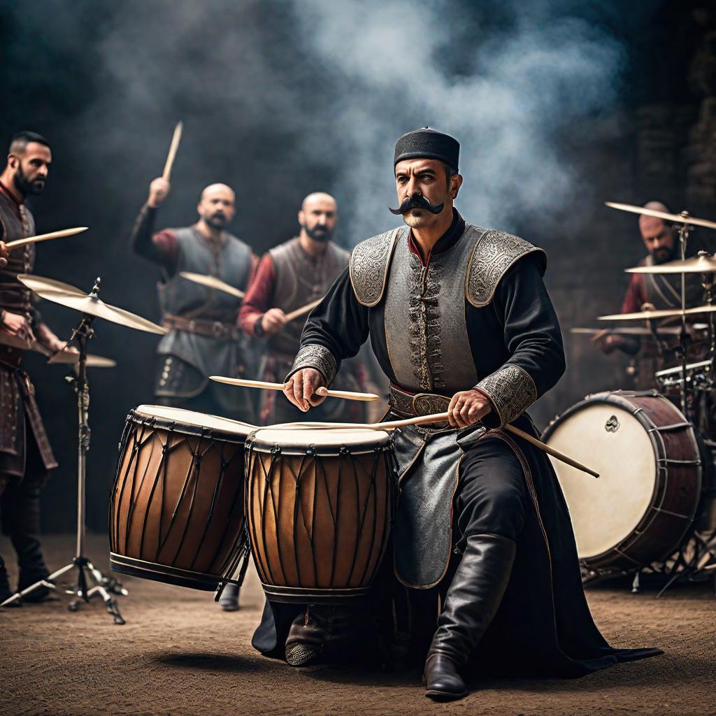  Commoner medieval turkish man with a moustache in basic medieval clothing playing a drum set in a heavy metal band hyperrealistic, full body, detailed clothing, highly detailed, cinematic lighting, stunningly beautiful, intricate, sharp focus, f/1. 8, 85mm, (centered image composition), (professionally color graded), ((bright soft diffused light)), volumetric fog, trending on instagram, trending on tumblr, HDR 4K, 8K