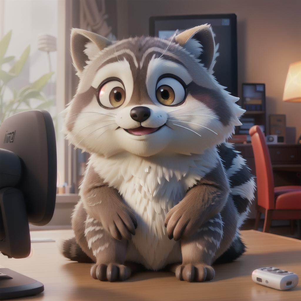  raccoon sitting in gaming chair front a computer on desktop, ((semi anthropomorphic)),(full body), tail, belly, sitting, fat, (chubby), (((white background))), solo, desktop, gaming chair, side view,  [[[clothes]]] hyperrealistic, full body, detailed clothing, highly detailed, cinematic lighting, stunningly beautiful, intricate, sharp focus, f/1. 8, 85mm, (centered image composition), (professionally color graded), ((bright soft diffused light)), volumetric fog, trending on instagram, trending on tumblr, HDR 4K, 8K