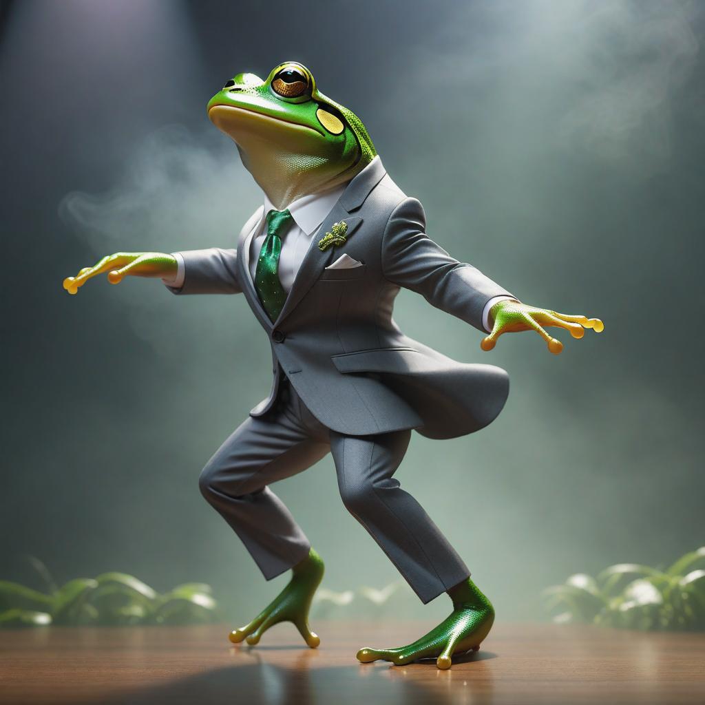  Dancing frog in a suit hyperrealistic, full body, detailed clothing, highly detailed, cinematic lighting, stunningly beautiful, intricate, sharp focus, f/1. 8, 85mm, (centered image composition), (professionally color graded), ((bright soft diffused light)), volumetric fog, trending on instagram, trending on tumblr, HDR 4K, 8K