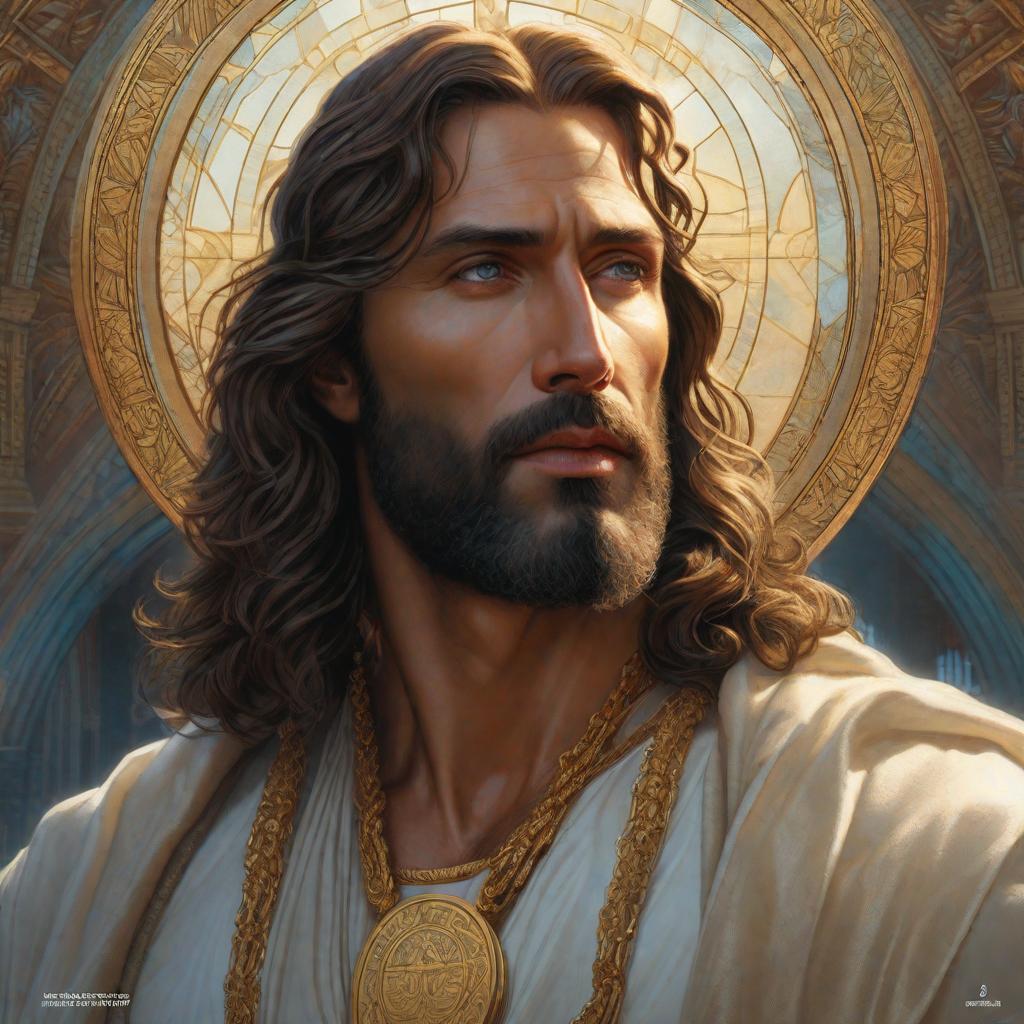  Jesus, realistic, portrait, art by donato giancola and greg rutkowski, realistic face, digital art, trending on artstation hyperrealistic, full body, detailed clothing, highly detailed, cinematic lighting, stunningly beautiful, intricate, sharp focus, f/1. 8, 85mm, (centered image composition), (professionally color graded), ((bright soft diffused light)), volumetric fog, trending on instagram, trending on tumblr, HDR 4K, 8K