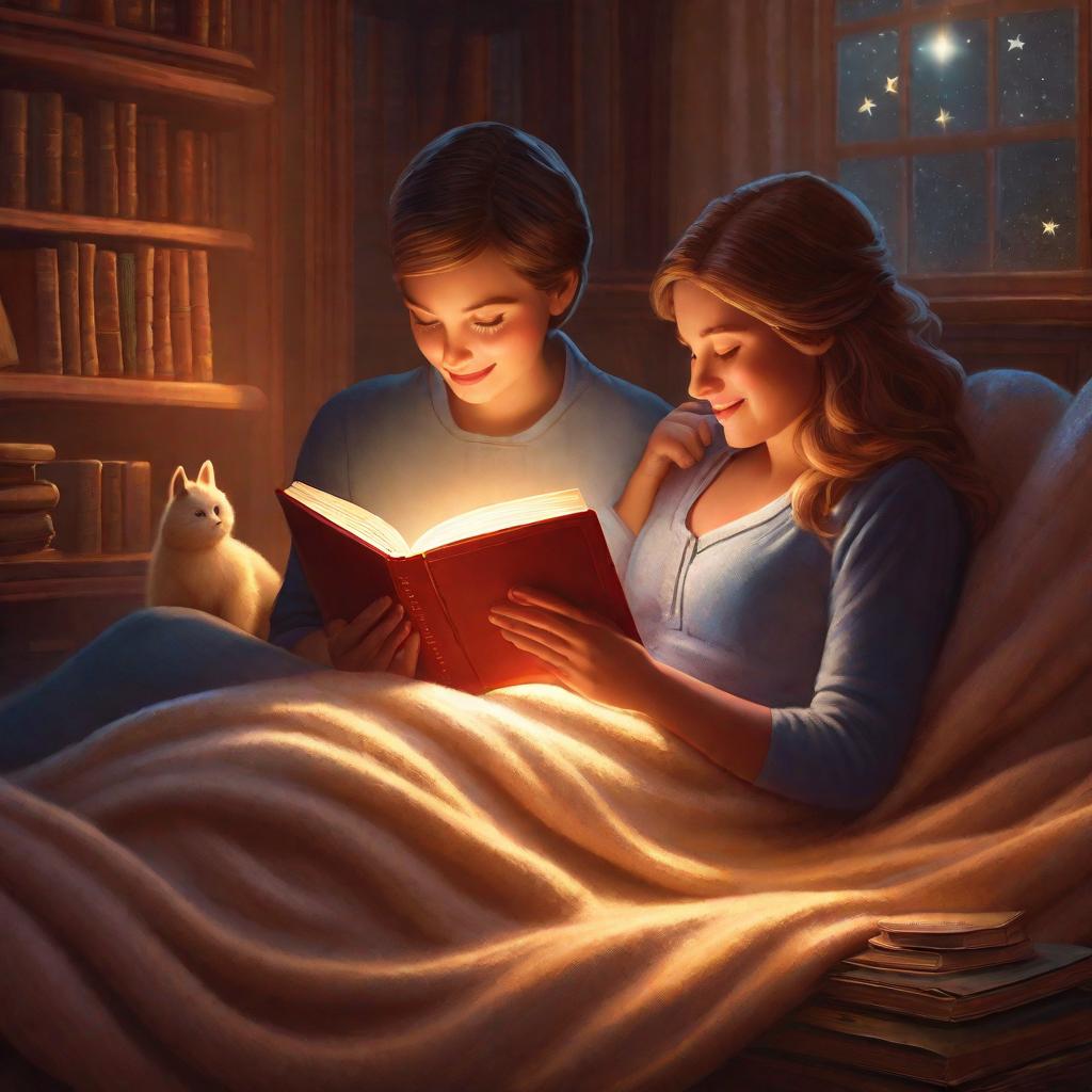  "An image of a cozy scene where a child and a mother are lying comfortably beneath a blanket. The mother is depicted opening a storybook, her face illuminated by a soft glow emanating from the pages. A magical aura hangs around the book, indicating that a magical story is about to begin. The child's eyes are sparkling with anticipation. The scene is warm, cozy and tranquil, with elements of fantasy and anticipation subtly blended in. Everything should give off a sense of tenderness, familiarity and child-like excitement. The room they are in has dim lighting, creating a soothing atmosphere conducive for a bedtime story."((masterpiece)), best quality, very detailed, high resolution, sharp, sharp image, extremely detailed, 4k, 8k, fairytale hyperrealistic, full body, detailed clothing, highly detailed, cinematic lighting, stunningly beautiful, intricate, sharp focus, f/1. 8, 85mm, (centered image composition), (professionally color graded), ((bright soft diffused light)), volumetric fog, trending on instagram, trending on tumblr, HDR 4K, 8K