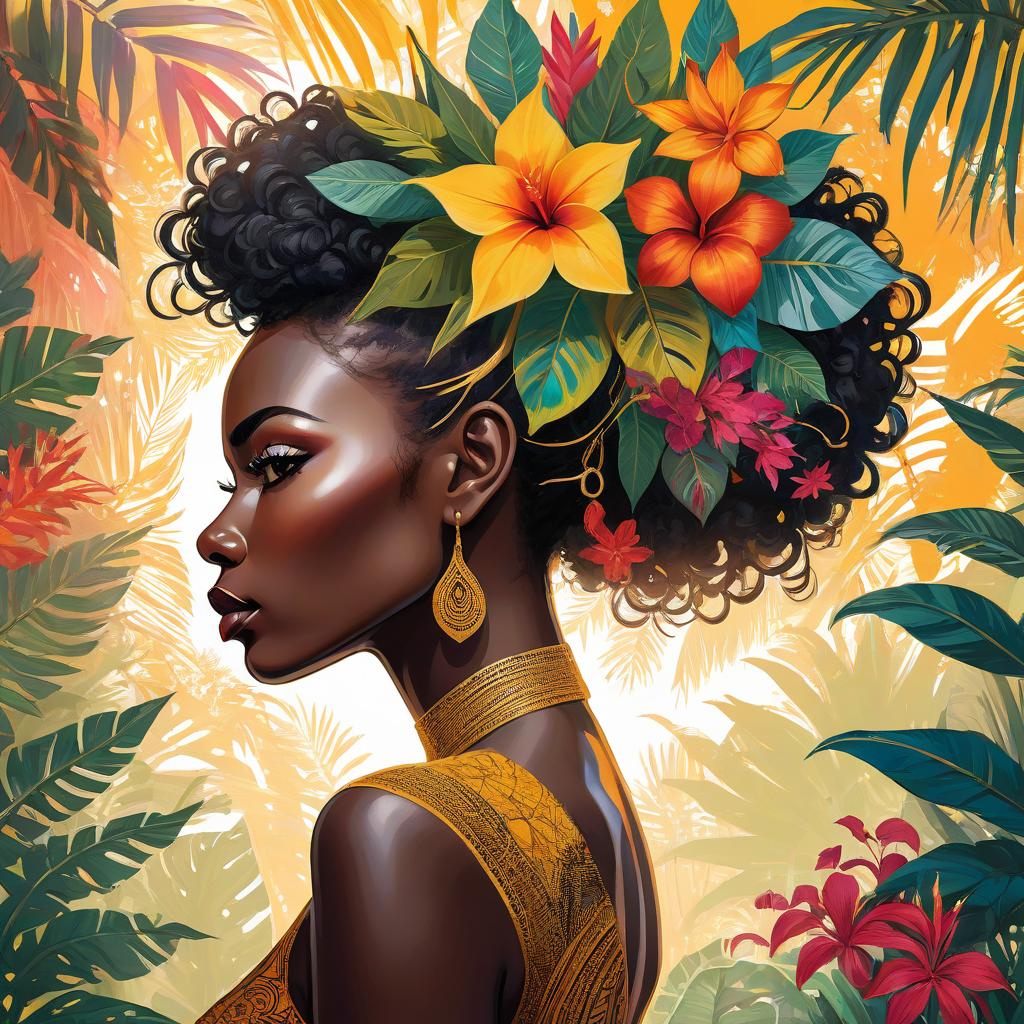  abstract expressionist painting Double exposure digital photography. Distant background. Image of an African woman with a bright exotic flower in her hair, against a backdrop of tropical plants. Her silhouette is filled with intricate details of botanical illustrations. Zentangle, doodle, ethnic ornaments. Fine gold outline, (potale: 0.8). Stylistics: realism, surrealism, concept art, Victorian rococo, romanticism. In the manner of Mucha and Klimt. High detail and high quality. . energetic brushwork, bold colors, abstract forms, expressive, emotional hyperrealistic, full body, detailed clothing, highly detailed, cinematic lighting, stunningly beautiful, intricate, sharp focus, f/1. 8, 85mm, (centered image composition), (professionally color graded), ((bright soft diffused light)), volumetric fog, trending on instagram, trending on tumblr, HDR 4K, 8K