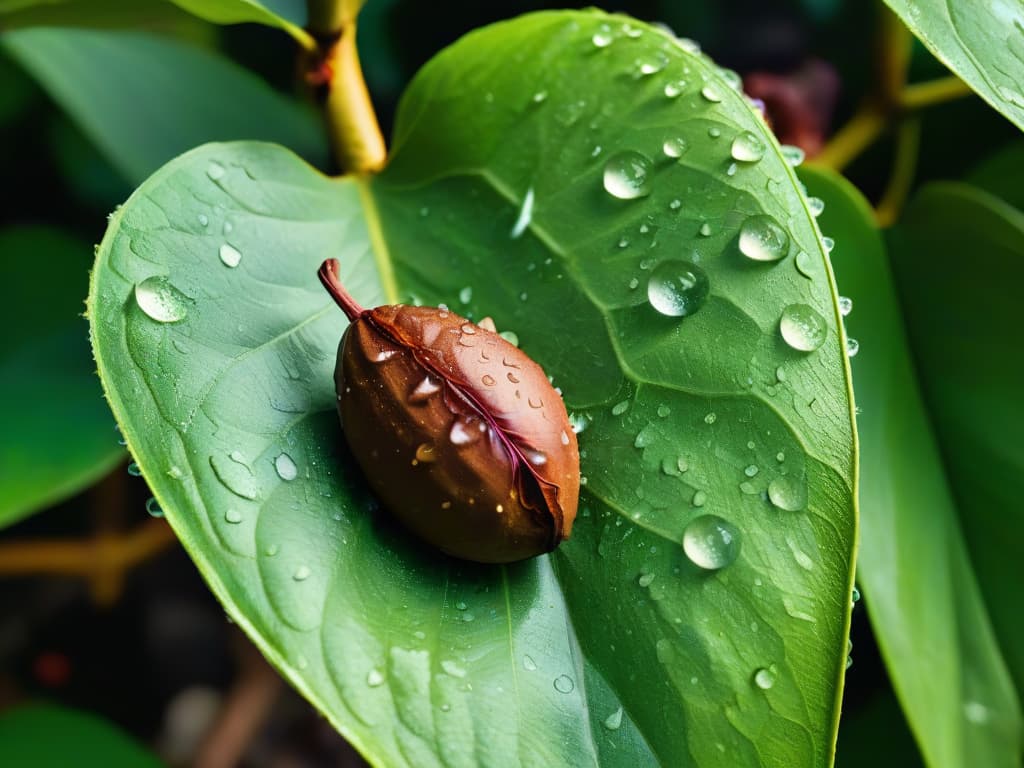  A closeup, ultradetailed image of a single cacao bean covered in droplets of water, showcasing its texture, shine, and natural imperfections. The background is a softfocus blur of lush green cacao tree leaves, creating a serene and organic aesthetic that symbolizes the raw beauty and natural origins of chocolate production. hyperrealistic, full body, detailed clothing, highly detailed, cinematic lighting, stunningly beautiful, intricate, sharp focus, f/1. 8, 85mm, (centered image composition), (professionally color graded), ((bright soft diffused light)), volumetric fog, trending on instagram, trending on tumblr, HDR 4K, 8K