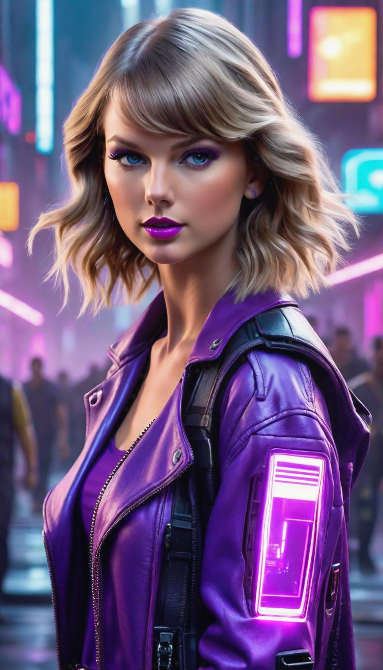  Cyberpunk style depiction of Taylor Swift wearing purple casual wear. The scene is set in a world where technology has advanced, but society and human conditions have not, creating a gritty, dystopian atmosphere. hyperrealistic, full body, detailed clothing, highly detailed, cinematic lighting, stunningly beautiful, intricate, sharp focus, f/1. 8, 85mm, (centered image composition), (professionally color graded), ((bright soft diffused light)), volumetric fog, trending on instagram, trending on tumblr, HDR 4K, 8K