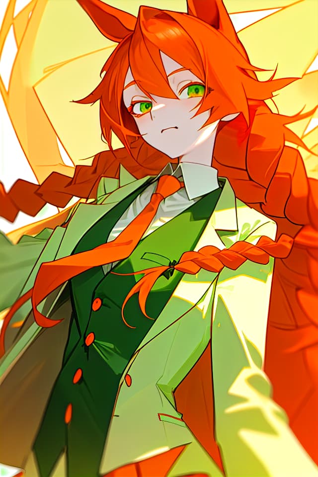  Okappa, Slender, Horse ear, orange hair, green winning clothes, Long Braid Hair, red tie, white vest, green jacket, girl, jit eye