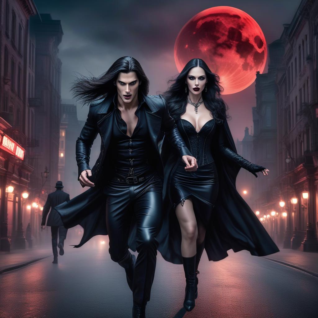  A young brunette man with long hair runs after a vampire woman, dressed in a black gothic outfit, in the background of a city at night, with a red moon in the sky. hyperrealistic, full body, detailed clothing, highly detailed, cinematic lighting, stunningly beautiful, intricate, sharp focus, f/1. 8, 85mm, (centered image composition), (professionally color graded), ((bright soft diffused light)), volumetric fog, trending on instagram, trending on tumblr, HDR 4K, 8K