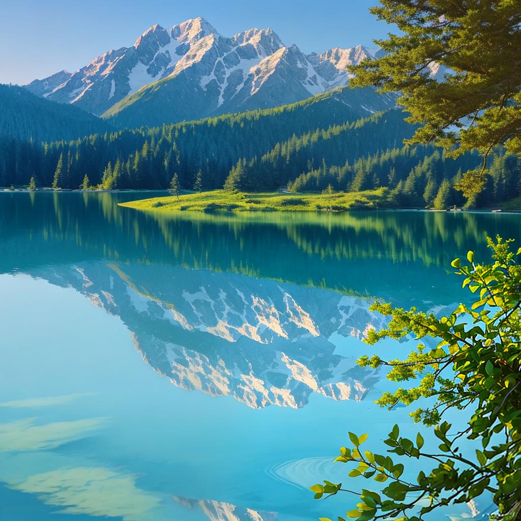  as a painting, Convey the serene majesty of towering mountains reflected in the crystal-clear waters of a tranquil alpine lake, using your unique artistic vision to evoke a sense of awe and tranquility.