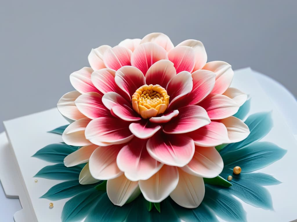  An ultradetailed closeup image of a perfectly sculpted sugar flower, showcasing intricate layers of delicate petals in shades of pastel colors, with tiny glistening sugar dewdrops delicately placed on the surface, set against a stark white background to emphasize the meticulous craftsmanship and artistry involved in pastry competitions. hyperrealistic, full body, detailed clothing, highly detailed, cinematic lighting, stunningly beautiful, intricate, sharp focus, f/1. 8, 85mm, (centered image composition), (professionally color graded), ((bright soft diffused light)), volumetric fog, trending on instagram, trending on tumblr, HDR 4K, 8K