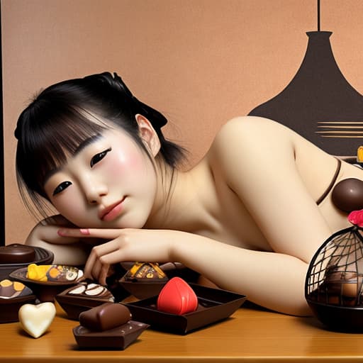  Beautiful young Japanese reclining on a dinner table, fine chocolates on her body. Background is a Japanese restaurant. style of Edgar degas