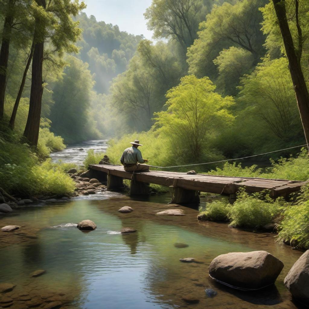  A serene fishing scenery along a peaceful creek. The creek winds through a lush forest with overhanging trees and vibrant greenery. A fisherman is seated on a flat, moss-covered rock, with a fishing rod dipped into the gently flowing creek. Sunlight filters through the tree canopy, casting dappled light on the water's surface. The sounds of babbling water and chirping birds add to the tranquil atmosphere. A wooden bridge can be seen in the background, connecting the two sides of the creek. hyperrealistic, full body, detailed clothing, highly detailed, cinematic lighting, stunningly beautiful, intricate, sharp focus, f/1. 8, 85mm, (centered image composition), (professionally color graded), ((bright soft diffused light)), volumetric fog, trending on instagram, trending on tumblr, HDR 4K, 8K