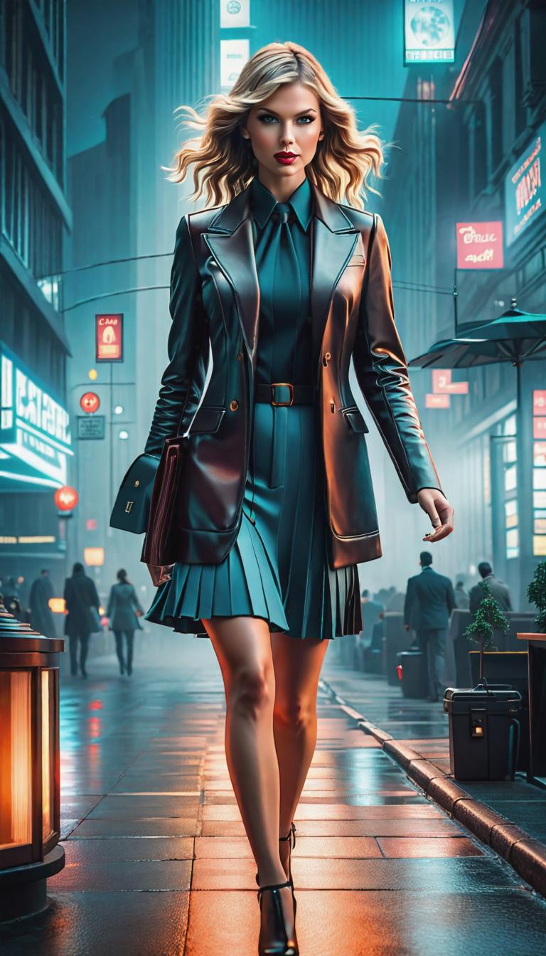  Cyberpunk style depiction of Taylor Swift as a lawyer . The scene is set in a world where technology has advanced, but society and human conditions have not, creating a gritty, dystopian atmosphere. hyperrealistic, full body, detailed clothing, highly detailed, cinematic lighting, stunningly beautiful, intricate, sharp focus, f/1. 8, 85mm, (centered image composition), (professionally color graded), ((bright soft diffused light)), volumetric fog, trending on instagram, trending on tumblr, HDR 4K, 8K