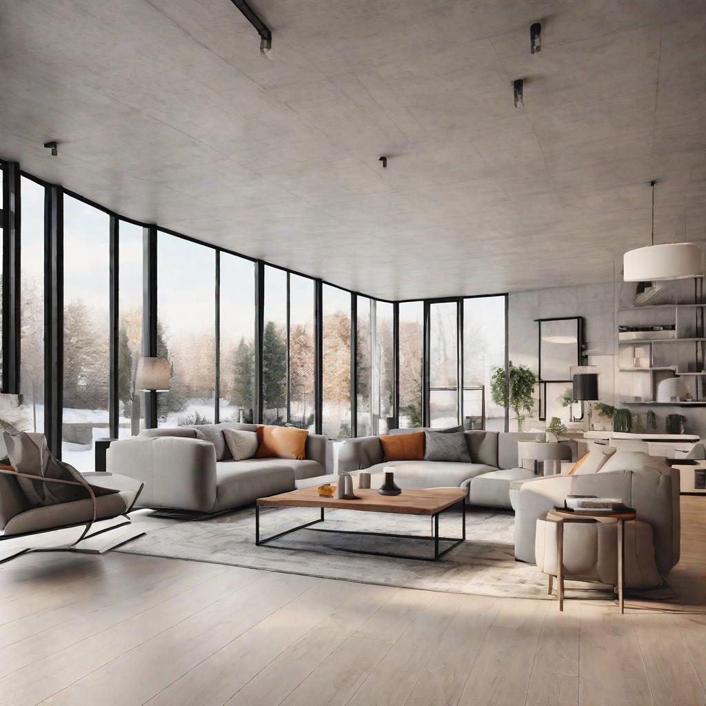  masterpiece, best quality, Best Quality, Masterpiece, 8k resolution,high resolution concept art of an apartment living room with floor to ceiling windows and modern furniture