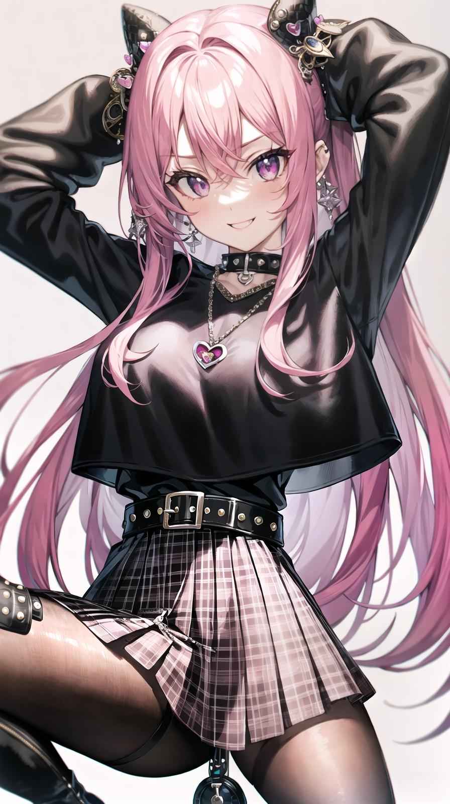  master piece , best quality,a , solo, silky pink hair, big emerald eyes, embellished black leather jacket, tight white top, plaid pleated , black and pink striped tights, high platform boots, heart pendant necklace, black leather celets with rivets silver, unique and eye catching ring, confident posture, mischievous smile, simple background, high quality anime, masterpiece