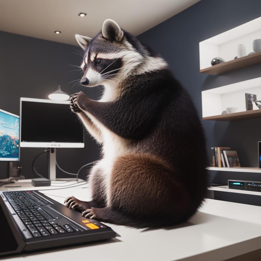  raccoon sitting in gaming chair front a computer on desktop, ((semi anthropomorphic)),(full body), tail, belly, sitting, fat, (chubby), (((white background))), solo, desktop, gaming chair, side view,  [[[clothes]]] hyperrealistic, full body, detailed clothing, highly detailed, cinematic lighting, stunningly beautiful, intricate, sharp focus, f/1. 8, 85mm, (centered image composition), (professionally color graded), ((bright soft diffused light)), volumetric fog, trending on instagram, trending on tumblr, HDR 4K, 8K