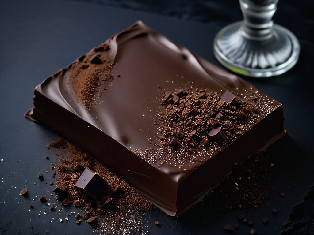  A closeup, ultradetailed image of a single piece of dark vegan chocolate with a glossy finish, placed on a sleek, matte black surface. The chocolate is broken in half, revealing a rich, velvety interior with visible cocoa nibs and a sprinkle of sea salt crystals on top. The lighting is soft and focused, highlighting the intricate textures and deep, decadent color of the chocolate. hyperrealistic, full body, detailed clothing, highly detailed, cinematic lighting, stunningly beautiful, intricate, sharp focus, f/1. 8, 85mm, (centered image composition), (professionally color graded), ((bright soft diffused light)), volumetric fog, trending on instagram, trending on tumblr, HDR 4K, 8K