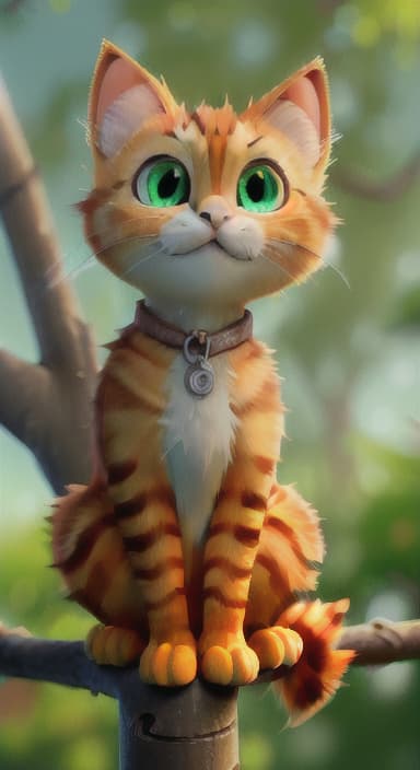  {Whiskers perched at the top of the tree, looking down with wide, nervous eyes., A small, fluffy orange cat named Whiskers, with bright green eyes and a playful expression. The neighbors are kind and friendly looking people of all ages.