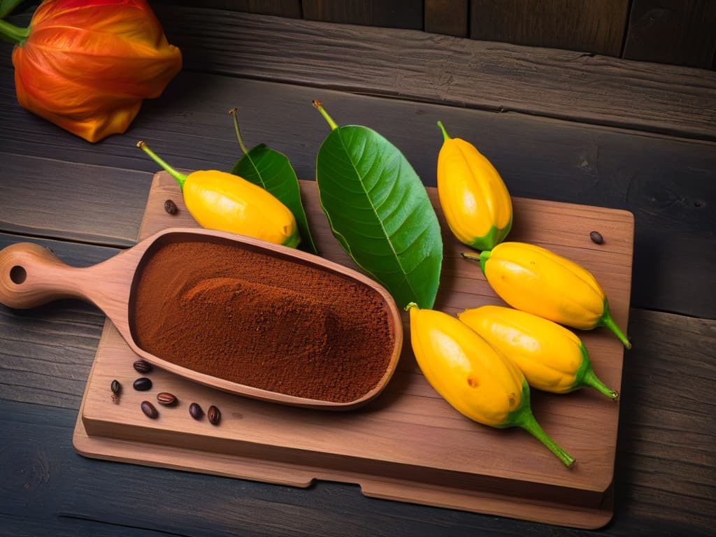  An ultradetailed, photorealistic image of a variety of cacao pods on a wooden table, showcasing the rich colors and textures of each pod. The image should capture the authenticity and diversity of cacao flavors, with each pod distinct in size, shape, and color, surrounded by vibrant green cacao leaves. hyperrealistic, full body, detailed clothing, highly detailed, cinematic lighting, stunningly beautiful, intricate, sharp focus, f/1. 8, 85mm, (centered image composition), (professionally color graded), ((bright soft diffused light)), volumetric fog, trending on instagram, trending on tumblr, HDR 4K, 8K