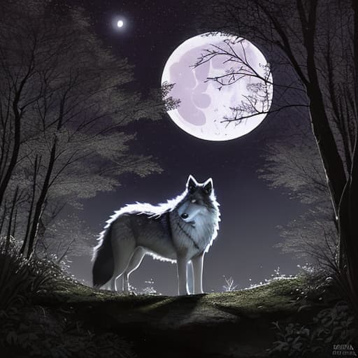  bosque nocturno con luna llena y wolf