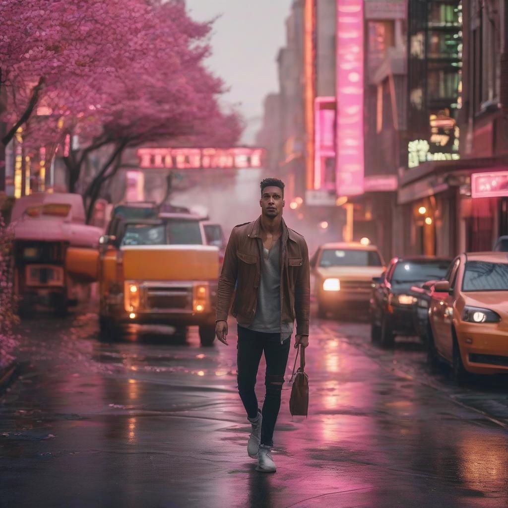  "Make the guy full grown in the distance, in a dim pink style, standing in a city that's up to his knee, and holding a lot of money." hyperrealistic, full body, detailed clothing, highly detailed, cinematic lighting, stunningly beautiful, intricate, sharp focus, f/1. 8, 85mm, (centered image composition), (professionally color graded), ((bright soft diffused light)), volumetric fog, trending on instagram, trending on tumblr, HDR 4K, 8K