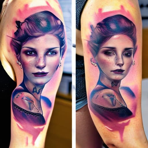 portrait+ style Dos mujeres iguales con tatuajes y pelo violeta